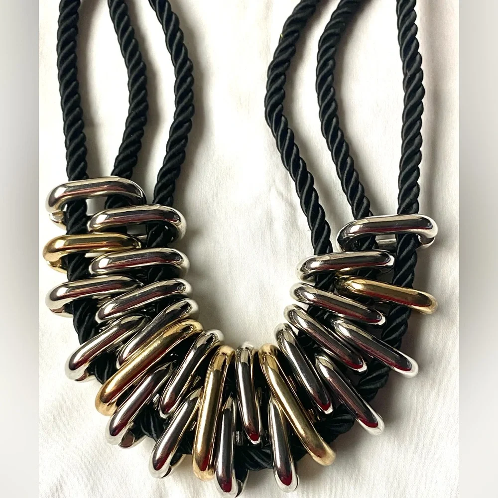 Statement Chunky Multi-Rope Strand Choker Necklace Silver and Gold Metal Rings